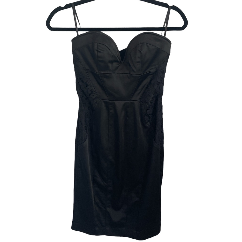 Y2K Bebe Strapless Black Lace and Satin Mini Dress Size Small